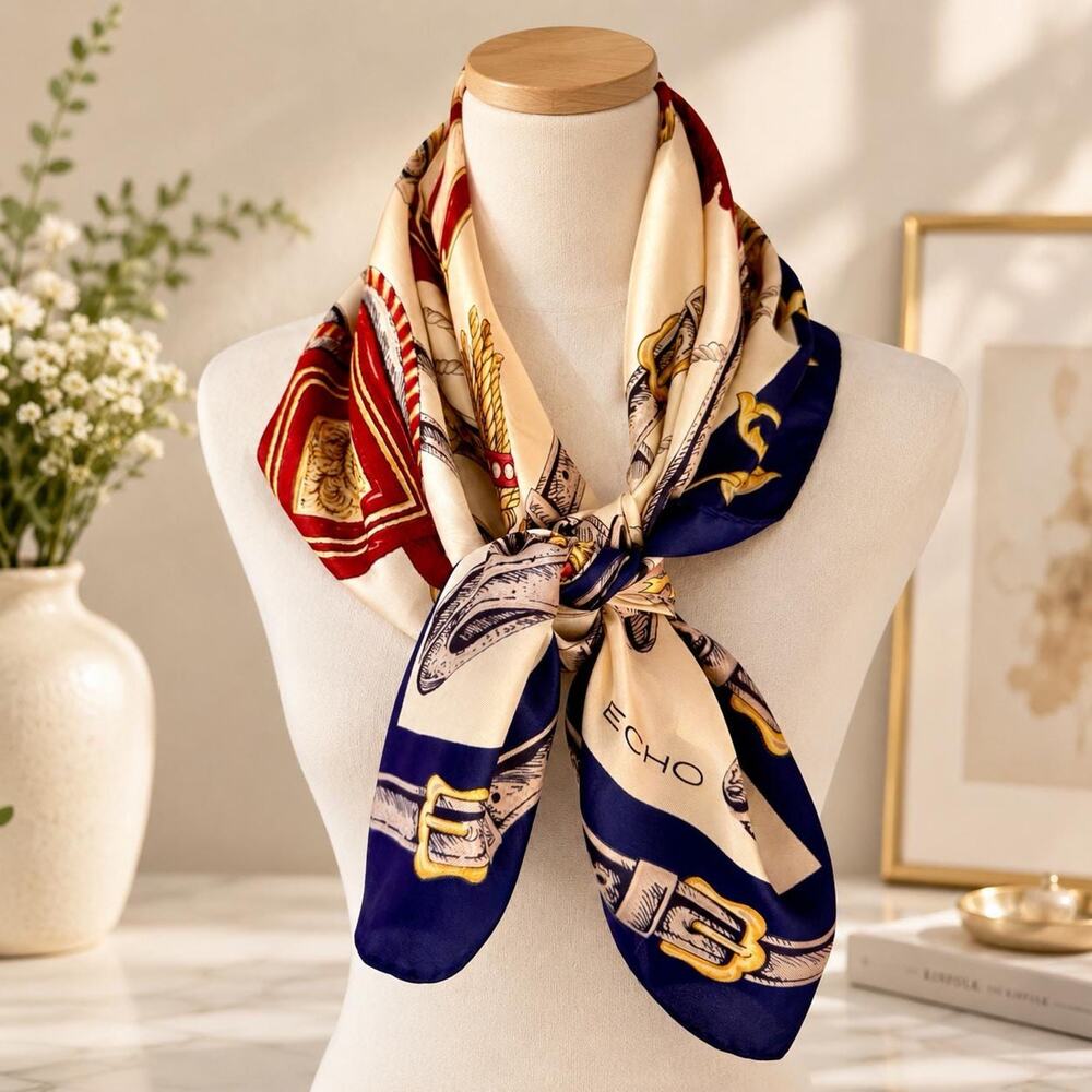 Vintage 80s Echo Silk Scarf Equestrian Heraldic Buckles Navy Cream Burgundy 30”